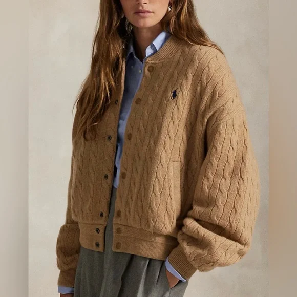 NWT Ralph Lauren - Cable-knit wool-cashmere bomber jacket, size Small, in Camel - Picture 2 of 12